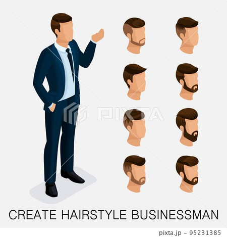Trendy isometric set 8, qualitative study, a set of men's hairstyles, hipster style. Fashion Styling, beard, mustache. The style of today's young businessman. Vector illustration 95231385