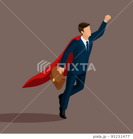 Isometric 3D businessman, Superman flies up, with a briefcase in hand, in a business suit with a cloak isolated on a light background Isometric 3D businessman, Superman flies up, with a briefcase in hand, in a business suit with a cloak isolated on a light background 95231477