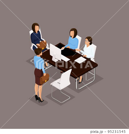 Business people isometric set of women, dialogue, brainstorming in the office isolated on dark background vector illustration Business people isometric set of women, dialogue, brainstorming in the office isolated on dark background vector illustration 95231545