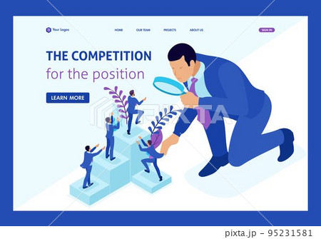 Isometric competitive struggle for career growth, businessman looks at candidates through a magnifying glass. Website Template Landing page Isometric competitive struggle for career growth, businessman looks at candidates through a magnifying glass. Website Template Landing page 95231581