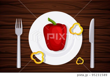 Excellent quality wood texture, table,  top, peppers on a plate, slices of pepper. Design vegetarian menu. Background  dark wooden planks. Vector illustration 95231589