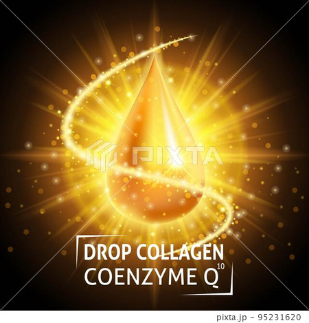 Serum Collagen Coenzyme Q10, realistic golden drop. Taking care of the skin. Anti age hyaluronic serum. Design cosmetics. Vector illustration EPS 10 95231620