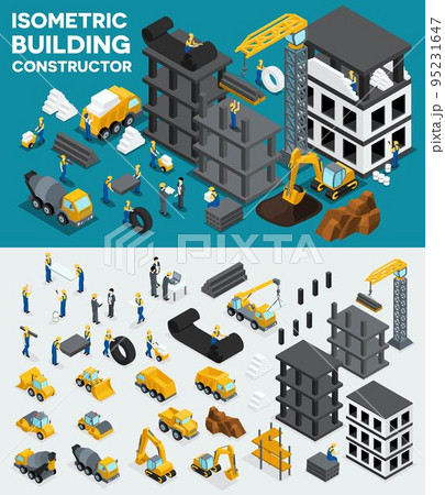 Design building isometric view, create your own design, building construction, excavation, heavy equipment, trucks, construction workers, people, uniform blocks, piles. Vector illustration 95231647