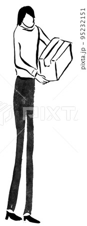 ダンボールを持つ全身の女性会社員（墨の手描き人物イラスト） 95232151