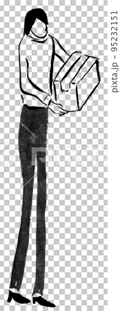 A full-body female office worker holding a cardboard (ink hand-drawn illustration) 95232151