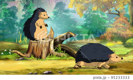 Hedgehogs in a forest illustration Hedgehogs in a forest illustration 95233333