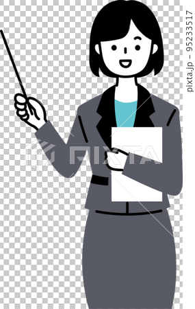 指し棒と書類を持って説明するスーツのショートヘアの女性イラスト 指し棒と書類を持って説明するスーツのショートヘアの女性イラスト 95233517