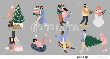 People winter activities set Christmas holiday preparing 95233528