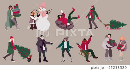 People winter activities set Christmas holiday preparing 95233529