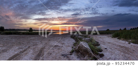 panorama of a salt lake on steppe near the Azov sea on sunset 95234470