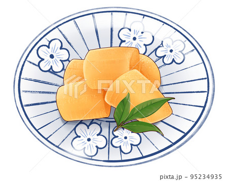 和食器に盛った数の子とナンテンの葉のリアルなテイストの美味しそうなイラスト 95234935