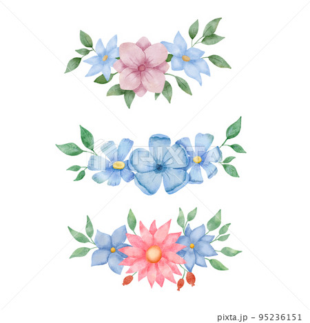 Watercolor flowers isolated on white background. Floral bunch with hand drawn leaves and flowers . Simple stylized floral border painting set Watercolor flowers isolated on white background. Floral bunch with hand drawn leaves and flowers . Simple stylized floral border painting set 95236151