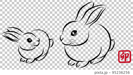 卯年 年賀状素材 見つめ合っている仲良しなウサギの親子 墨絵風の和風でお洒落なイラスト ベクター 95236256