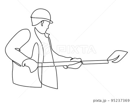 Worker with shovel continuous line drawing. Construction tool symbol. Worker with shovel continuous line drawing. Construction tool symbol. 95237369