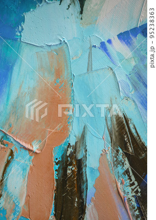 Conceptual abstract painting of a couple wolves. Painting in multicolored tones. Closeup of a painting by oil and palette knife on canvas. 95238363