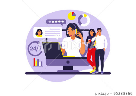 Customer service concept. Woman with headphones and microphone with laptop. Support, assistance, call center. Vector illustration. Flat style 95238366