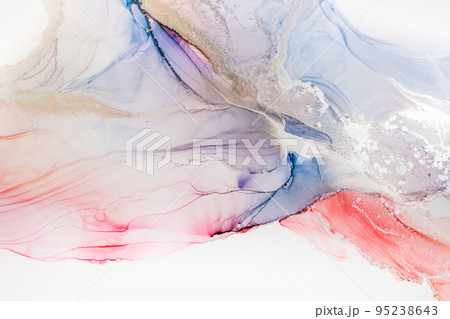 Aabstract fluid art painting in alcohol ink technique, mixture blue, red and gold paints. Frozen paint mixes, weaves incredible patterns and spots. 95238643