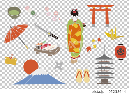 Japanese specialties and tourist attraction illustrations (cutout style) 95238644