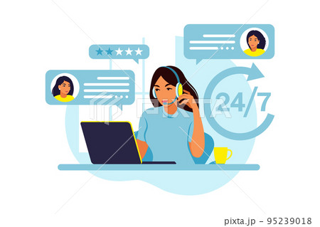 Customer service concept. Woman with headphones and microphone with laptop. Support, assistance, call center. Vector illustration. Flat style 95239018