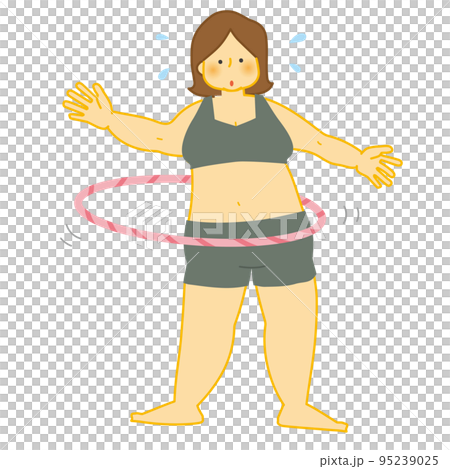 Plump woman exercising with a hula hoop while sweating Plump woman exercising with a hula hoop while sweating 95239025