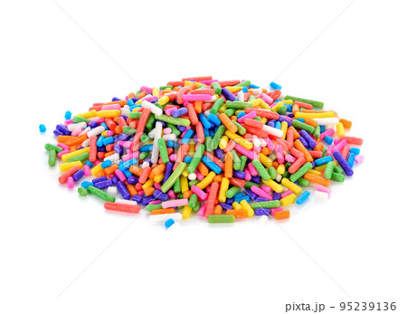 Colorful sugar sprinkle decoration for cake and bakery isolated on white. 95239136