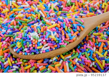 Colorful sugar sprinkle decoration for cake and bakery. 95239137