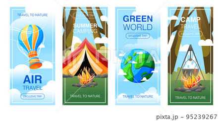 Set of travel posters. Air traveling in cloudy sky, camping vector cartoon posters concept. Set of travel posters. Air traveling in cloudy sky, camping vector cartoon posters concept. 95239267