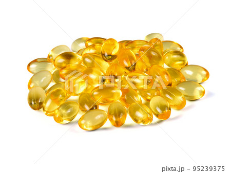 Cod liver oil omega 3 gel capsules isolated on white background 95239375