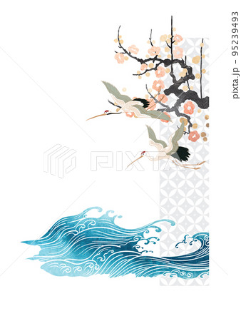 Crane birds vector. Japanese background with watercolor texture painting texture. Oriental natural wave pattern with ocean sea decoration banner design in vintage style. Cherry blossom pattern element Crane birds vector. Japanese background with watercolor texture painting texture. Oriental natural wave pattern with ocean sea decoration banner design in vintage style. Cherry blossom pattern element 95239493