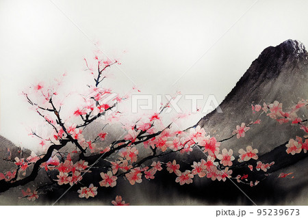 Hand drawn Japanese watercolor illustration. Sketch and watercolor background with Fuji, sakura 95239673