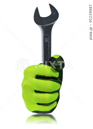 Gloved Hand Holding a Steel Wrench Isolated on White Background Gloved Hand Holding a Steel Wrench Isolated on White Background 95239987