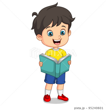 Cartoon little boy stands and reading a book Cartoon little boy stands and reading a book 95240601