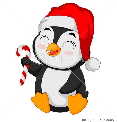 Cute little penguin in santa hat holding candy Cute little penguin in santa hat holding candy 95240605