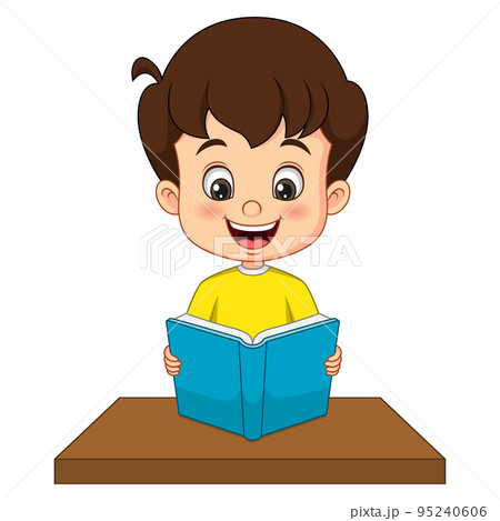 Cartoon little boy reading a book on the desk Cartoon little boy reading a book on the desk 95240606