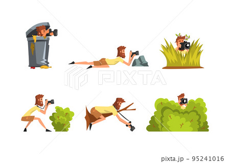 Bearded Man Paparazzi or Photographer Hiding with Photo Camera Vector Set Bearded Man Paparazzi or Photographer Hiding with Photo Camera Vector Set 95241016