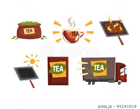 Tea Industry Production with Tea Truck and Cardboard Packaging Vector Set 95241019