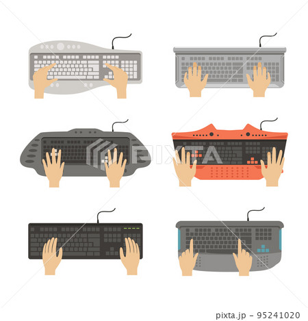 Keyboard with Human Hands Typing and Pressing Computer Buttons Vector Set 95241020