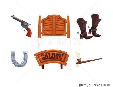 Wild West Symbols with Pistol, Saloon Signboard, Gate, Horseshoe, Boots and Smoking Pipe Vector Set 95241046