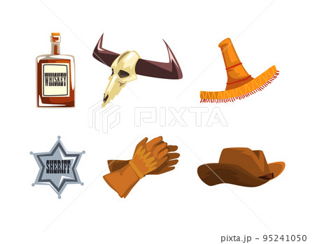 Wild West Symbols with Whiskey Bottle, Sheriff Badge, Cowboy Hat and Gloves Vector Set 95241050