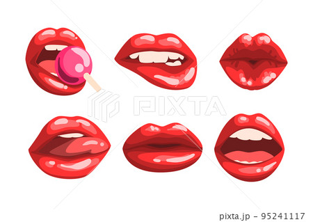 Red Glossy Lips as Girls Mouth with Lollipop and Half Open in Sensual Expression Vector Set 95241117