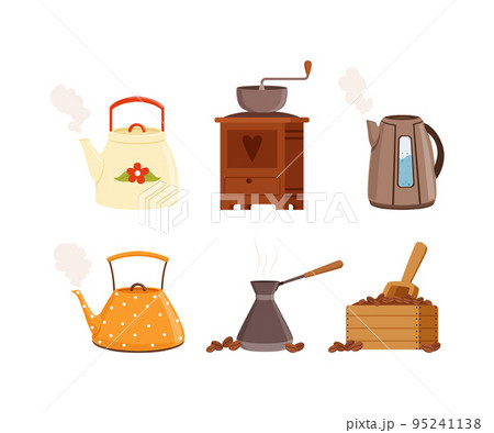 Brewing Aromatic Tea and Coffee Drink with Boiling Kettle, Teapot, Grinder and Jezve Vector Set Brewing Aromatic Tea and Coffee Drink with Boiling Kettle, Teapot, Grinder and Jezve Vector Set 95241138