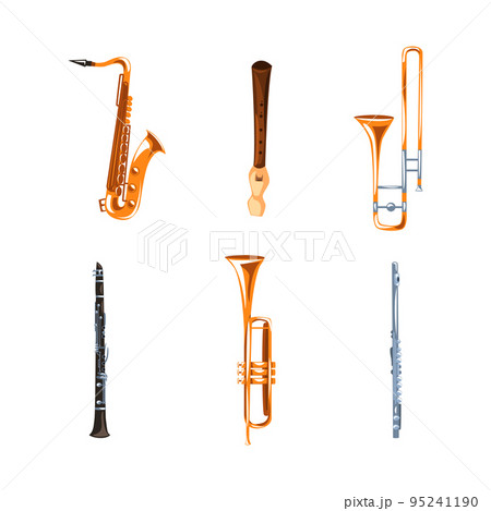 Wind Musical Instruments with Tenor Saxophone, Trombone, Trumpet, Clarinet and Flute Vector Set Wind Musical Instruments with Tenor Saxophone, Trombone, Trumpet, Clarinet and Flute Vector Set 95241190