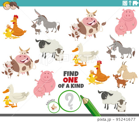 one of a kind game with cartoon farm animals and their babies 95241677