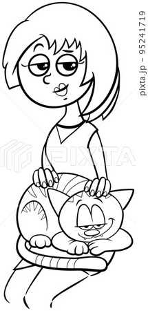cartoon woman petting a cat on her lap coloring page 95241719