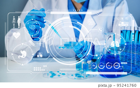 Healthcare professional holding Coronavirus COVID-19 vaccine in laboratory study and analyze scientific sample of antibody. 95241760