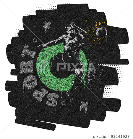 Contemporary artwork with professional male soccer football player playing football on black colour of asphalt background. Effect of drawing on asphalt 95241928