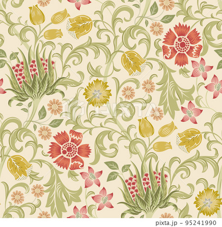 Floral seamless pattern with field of flowers on light beige background. Vector illustration. 95241990