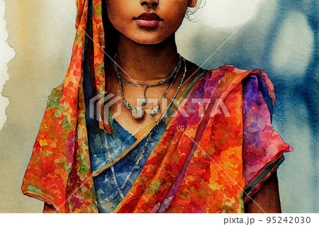 Portrait of beautiful indian girl. Young hindu woman model with kundan jewelry set. Traditional India costume red sari 95242030