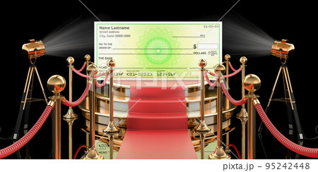 Podium with bank check, 3D rendering 95242448