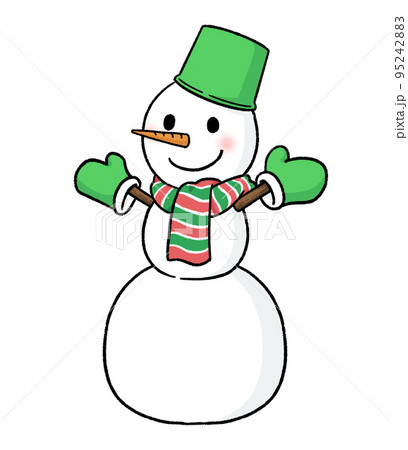 緑のバケツをかぶる三段重ねの雪だるま 緑のバケツをかぶる三段重ねの雪だるま 95242883